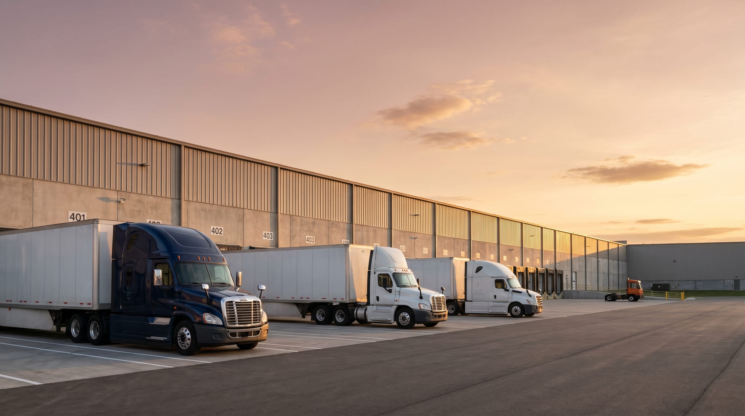Three Freightliner Cascadia tractors with white 53-foot dry-van trailers backed into a modern distribution-center dock at golden hour, ready for dispatch