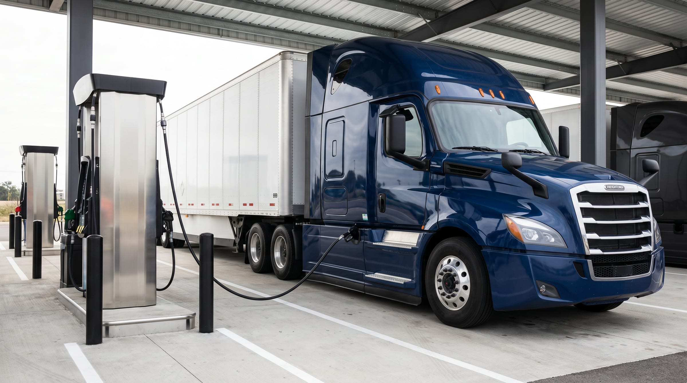 A navy Freightliner Cascadia with white 53-foot dry-van trailer parked at a clean commercial fueling island in mid-morning daylight, fuel nozzle attached for pre-trip fuel-up