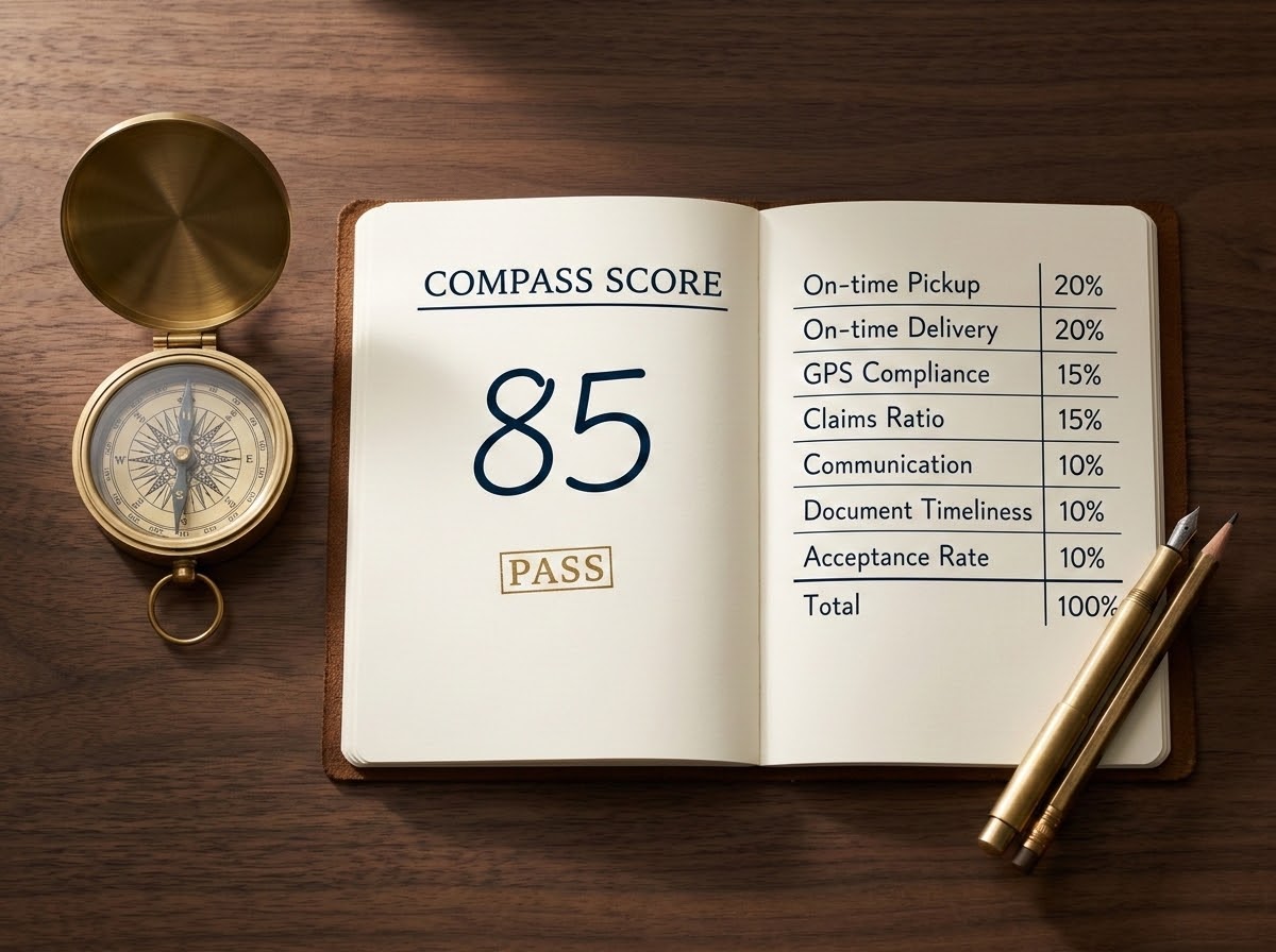 A brass vintage compass beside an open leather notebook showing a Compass Score of 85 with PASS stamp and a seven-factor weighting table — representing SRL's published, mathematical carrier scoring system