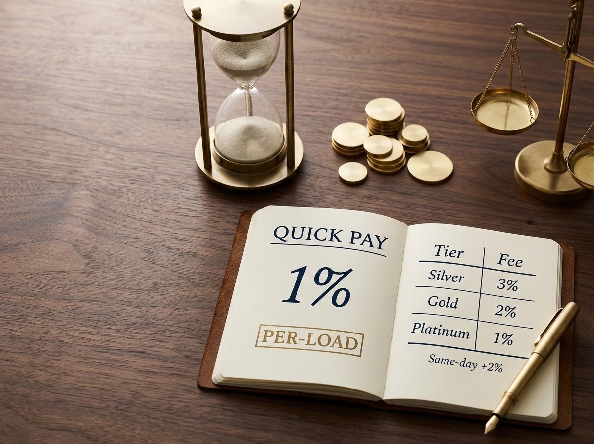 A brass hourglass and stack of unmarked brass coins beside an open leather notebook showing Quick Pay tier fees of 1 to 3 percent per load — representing SRL's per-load optional Quick Pay program with no factoring contract