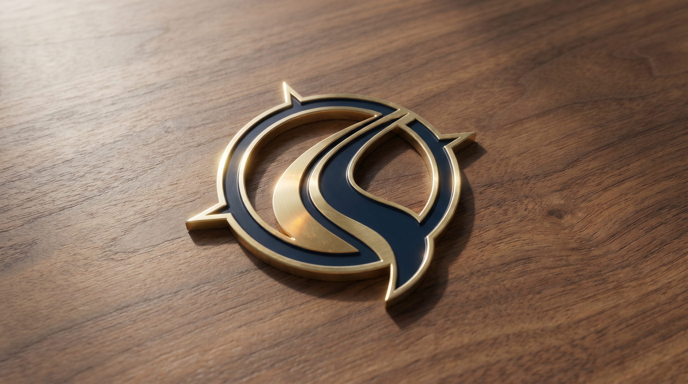The Silk Route Logistics compass mark as a brass medallion on a walnut surface, navy and gold detailing in editorial three-quarter angle lighting